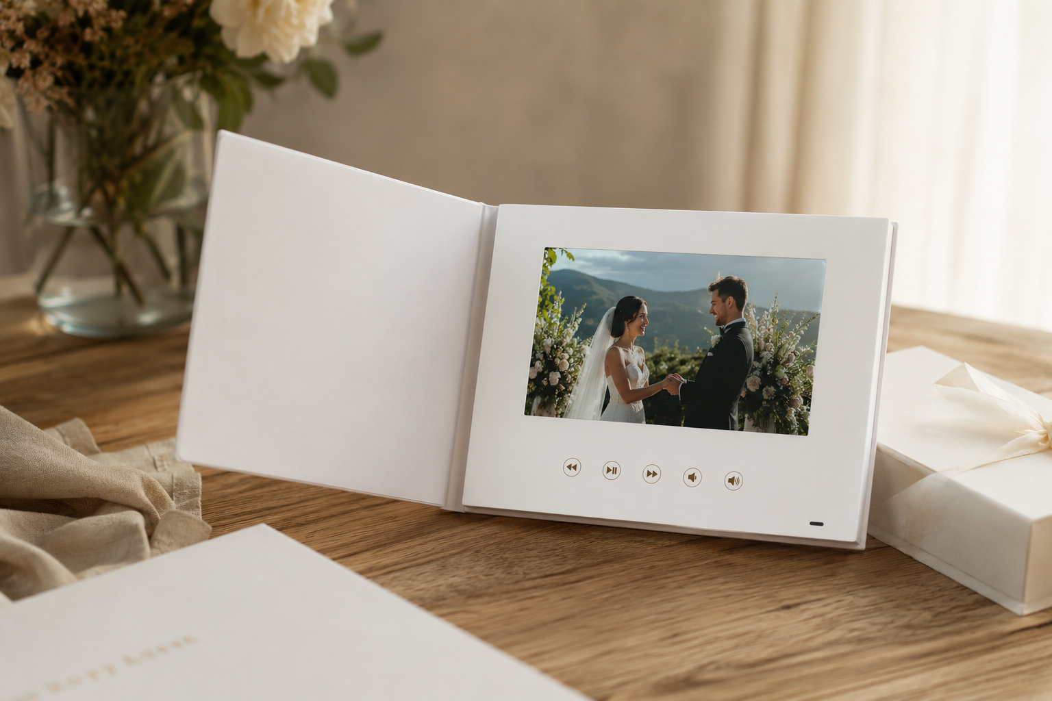 Hands holding an open linen keepsake book with an embedded video screen