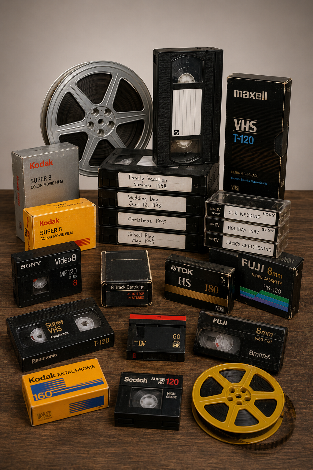 Stack of VHS, MiniDV and Video8 tapes beside a modern USB drive
