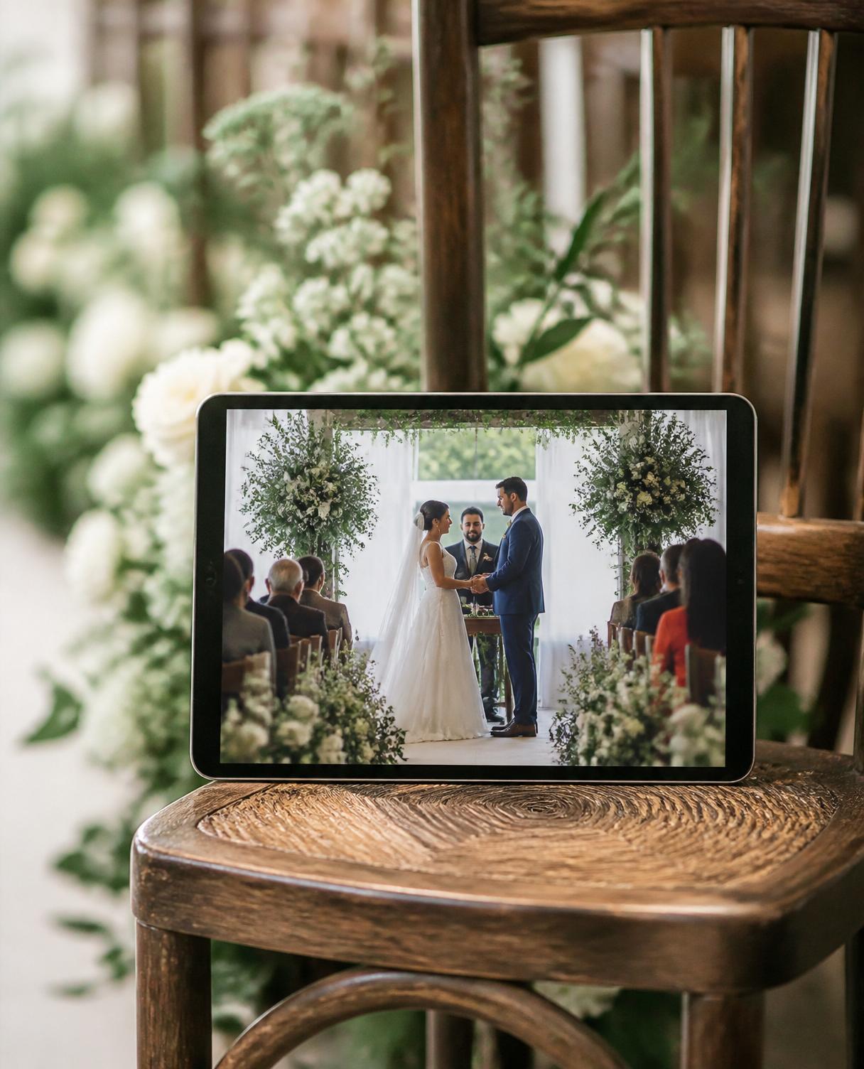 A tablet streaming a live wedding ceremony